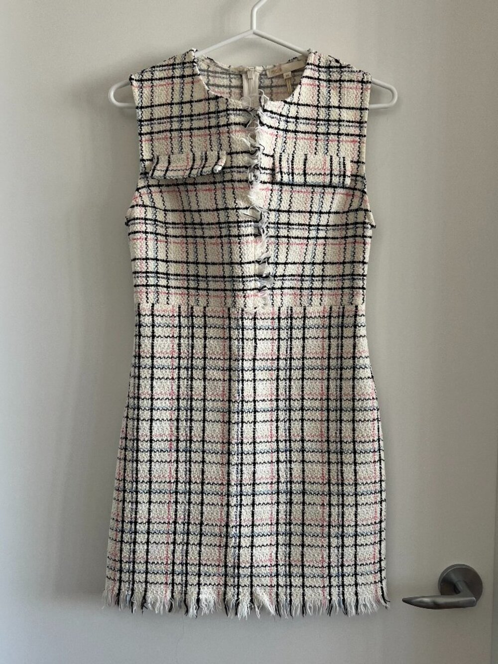 Maje Rianey Checked Tweed Mini Dress Ecru Fringe Trim Size 34
